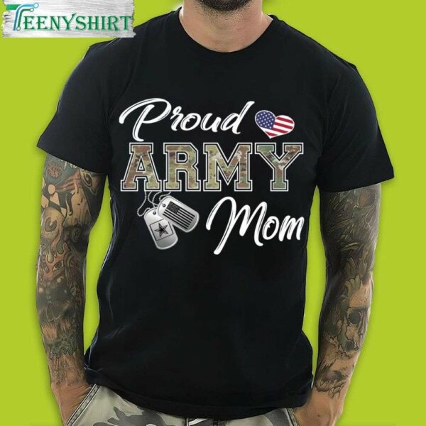 Patriotic Proud Army Mom T Shirt with US Flag and Dog Tag Design 1